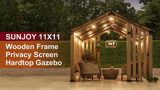 Sunjoy 11x11 Wooden Frame Hardtop Gazebo wth Privacy Screen Dessign