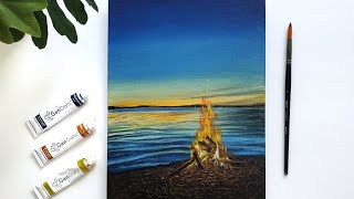 Campfire Acrylicpainting #firepainting #acrylicpainting #gencrafts #seascape #nightpainting#campfire