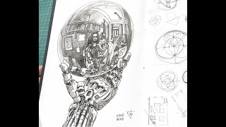 How to draw Escher's Reflecting Sphere. 6 point perspective