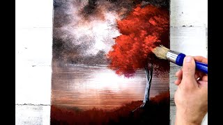 Red Tree | EASY LANDSCAPE PAINTING for BEGINNERS | ACRYLICS | ABSTRACT ART