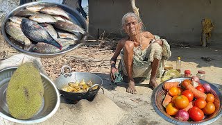 95 year old poor grandma cooking FISH CURRY with jackfruit recipe \u0026 eating with rice||village food