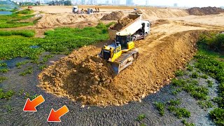 Perfectly Activities SHANTUI Bulldozer \u0026 18Ton Trucks Building New Road Across The Black Field Mud