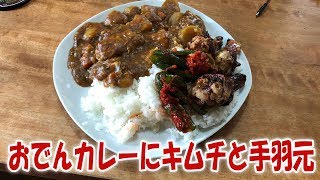 おでんカレーにキムチと手羽元【飯動画】【飯テロ】【大盛り】