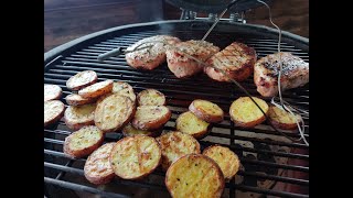 Kiaulienos nugarinės kepsnys su keptomis bulvėmis Kamado BONO grilyje