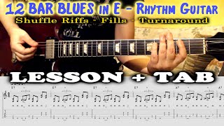 12 Bar Blues Shuffle GUITAR LESSON in E | Tutorial TAB | Riffs & Turnaround