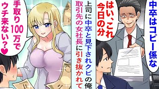 【漫画】上司に中卒と見下され、彼の前では単純作業ばかりさせられている俺。ある日クビになったが取引先の女社長に手取り100万で引き抜かれて…その後元職場は大混乱で俺を責めたが…【恋愛マンガ動画】