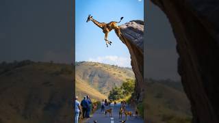 Baby giraffe jumping down from large rock🦒😱 #shorts #jump #omg #youtubeshorts