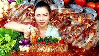 กุ้งเเช่น้ำปลาร้า‼เผ็ดๆกุ้งกรอบหวานเเกล้มผักสดๆ|ส้มซ่าพาเเซ่บ