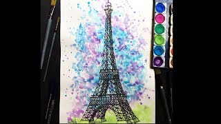 Boceto arquitectonico de Torre Eiffel  con acuarelas/ Architectural skeching Eiffel Tower