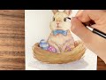 paint an easter bunny in watercolour greeting card illustration design. 繪畫復活節兔子