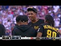 braves pirates benches clear after ronald acuna johan oviedo go back and forth.