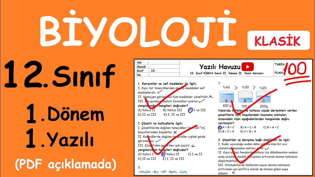 Biyoloji 12. Sınıf 1. Dönem 1. Yazılı Soruları (klasik Test) Yazılıya ...