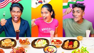 AMERICAN vs KOREAN vs INDIAN Eating Challenge 😂 FORK vs CHOPSTICK vs SPOON 😄 Food Eating challenge
