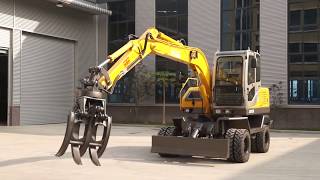 JingGong Wheel Excavator with Grapple JG95Z demonstration