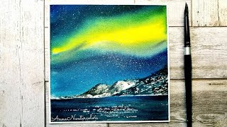 🌌Night Sky Watercolor Painting/ Easy Northern Lights/Simple Landscape/ Aurora Borealis🌌