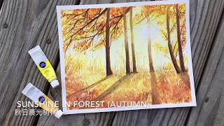 Watercolor Painting Sunshine in Autumn Forest水彩秋日树林晨光