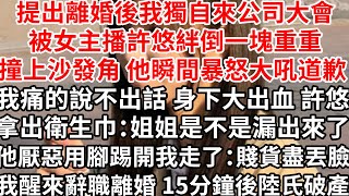 提出離婚後我獨自來公司大會，被女主播許悠絆倒一塊重重撞上沙發角，他瞬間暴怒大吼道歉我痛的說不出話 身下大出血，許悠拿出衛生巾：姐姐是不是漏出來了，他厭惡用腳踢開我走了：賤貨盡丟臉