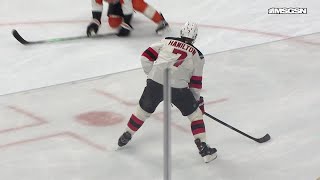 Dougie Hamilton scores a goal against the Philadelphia Flyers