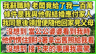 我辭職時 老闆竟給了我一百萬，條件是我與他假結婚應付家人，我同意後領證便隨他回家見父母，沒想到 當公公婆婆看到我時，他們愣住顫抖著拿出舊照給我看，沒想到 接下來的事讓我震驚！#生活經驗 #情感故事