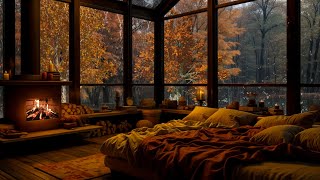 Early Autumn Morning 🍁 Cozy Fireplace, Warm Space and Falling Yellow Leaves