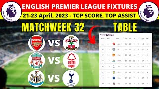 EPL Fixtures And Table - 21 to 23 April Matchweek 32 - English Premier League 2022/2023
