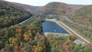 Two Train Meet by Drone at Horseshoe Curve in Altoona, PA