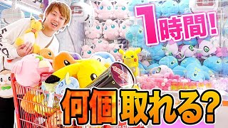 【お金無制限】クレーンゲーム1時間で何個取れる!? ポケモンの景品取り放題！ゲーセンで本気の対決！【大量獲得】