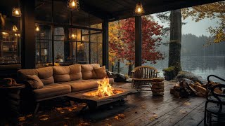 Autumn Cozy Lake House Porch in Rainy Morning with Bonfire and Fall Ambience For Sleep
