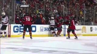 Scottie Upshall misses hit falls in his own bench 2012