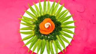 Simple Radish & Carrot Flower with Okra Parsley Design - How to Make Vegetable Rose Garnish