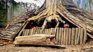 Building a secret shelter under the root of a large tree | survival skills
