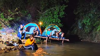 Camping hujan deras// Mendirikan tenda diatas sungai deras,Menjaring ikan untuk makan malam.