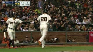 MIL@SF: Pagan scores Posey with fielder's choice