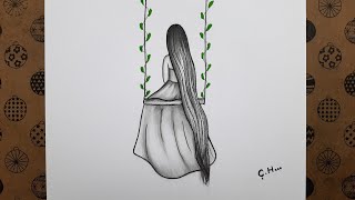 Adım Adım Uzun Saçlı Salıncakta Oturan Bir Kız Nasıl Çizilir Kolay Karakalem Çizimleri