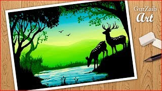 How to paint a simple painting of Deer in nature || step by step || poster colors gouache