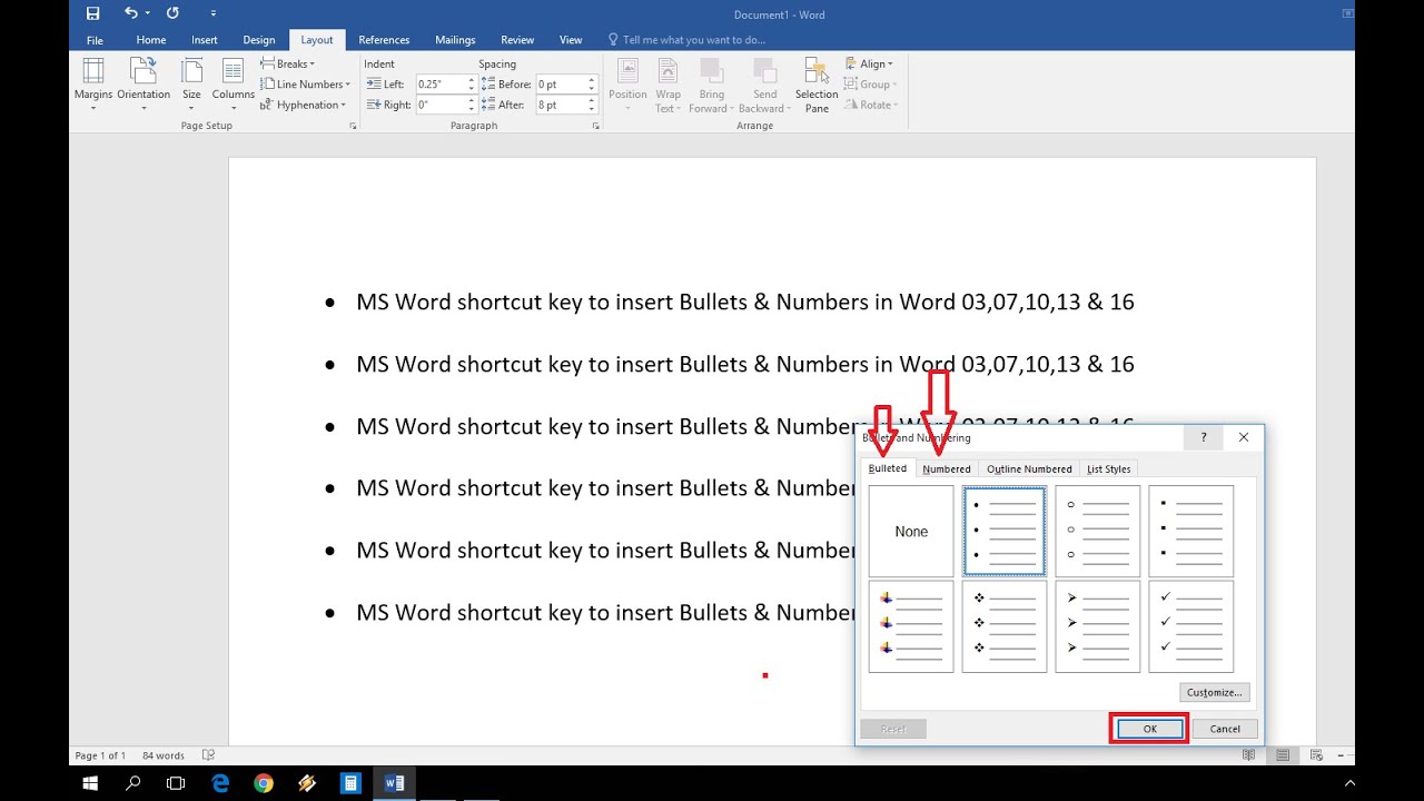 MS Word : Shortcut Key To Insert Bullets & Numbers In All Word Version ...