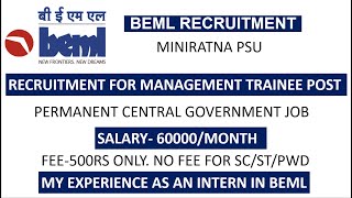 BEML RECRUITMENT | MINIRATNA PSU | SALARY-60000/MONTH | FEE-500RS ONLY. NO FEE FOR SC/ST/PWD