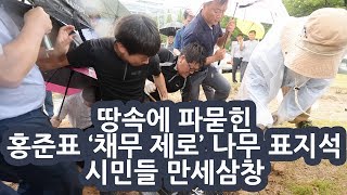 땅속에 파묻힌 홍준표 ‘채무 제로’ 나무 표지석...시민들 만세삼창