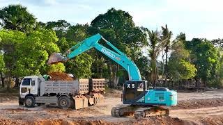 KOBELCO SX200 Excavator Operator Skillfully Processing the Best Project, Loading Double Dump Truck.