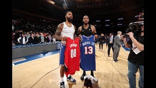 Carmelo Anthony Gets Warm Welcome Back At MSG And Swaps Jerseys With Marcus Morris