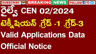 రైల్వే CEN 02/2024  టెక్నీషియన్ ,గ్రేడ్ -1 ,గ్రేడ్-3 Valid Applications Data Official Notice OUT