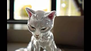 Transparent Glass Cat Blinks on Couch – Hyper-Realistic Scene