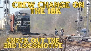 Crew change on the 18K a super long train that day...  Check out the 3rd locomotive