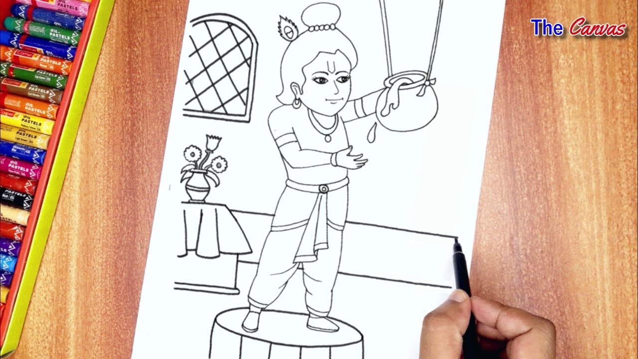 How To Draw Lord Krishna Scenery Part-1 Step By Step || Little Krishna ...