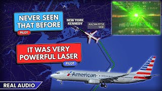 Pilot reports very powerful and strong laser strike on final at New York Kennedy Airport. Real ATC