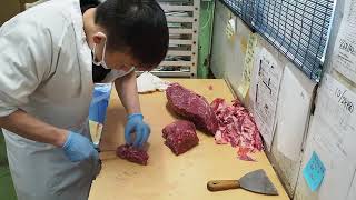 ジャンボ市お肉屋さん日常の作業風景【国産 桃太郎ビーフ内ヒラ～ステーキ、焼肉スペック編・カブリは切落し～】