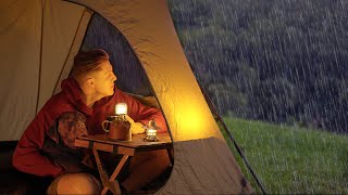 SOLO CAMPING in heavy RAIN with my DOG [ relaxing in the tent, cosy night,  ASMR ]