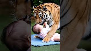 Baby playing with tiger