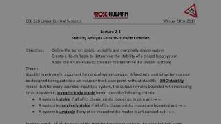 ECE320 Lecture2-3a: Stability Analysis - Routh-Hurwitz Criterion