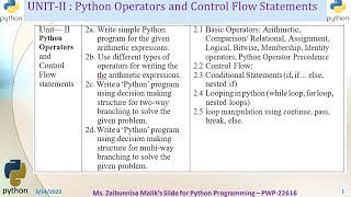 UNIT-II : Python Operators and Control Flow Statements